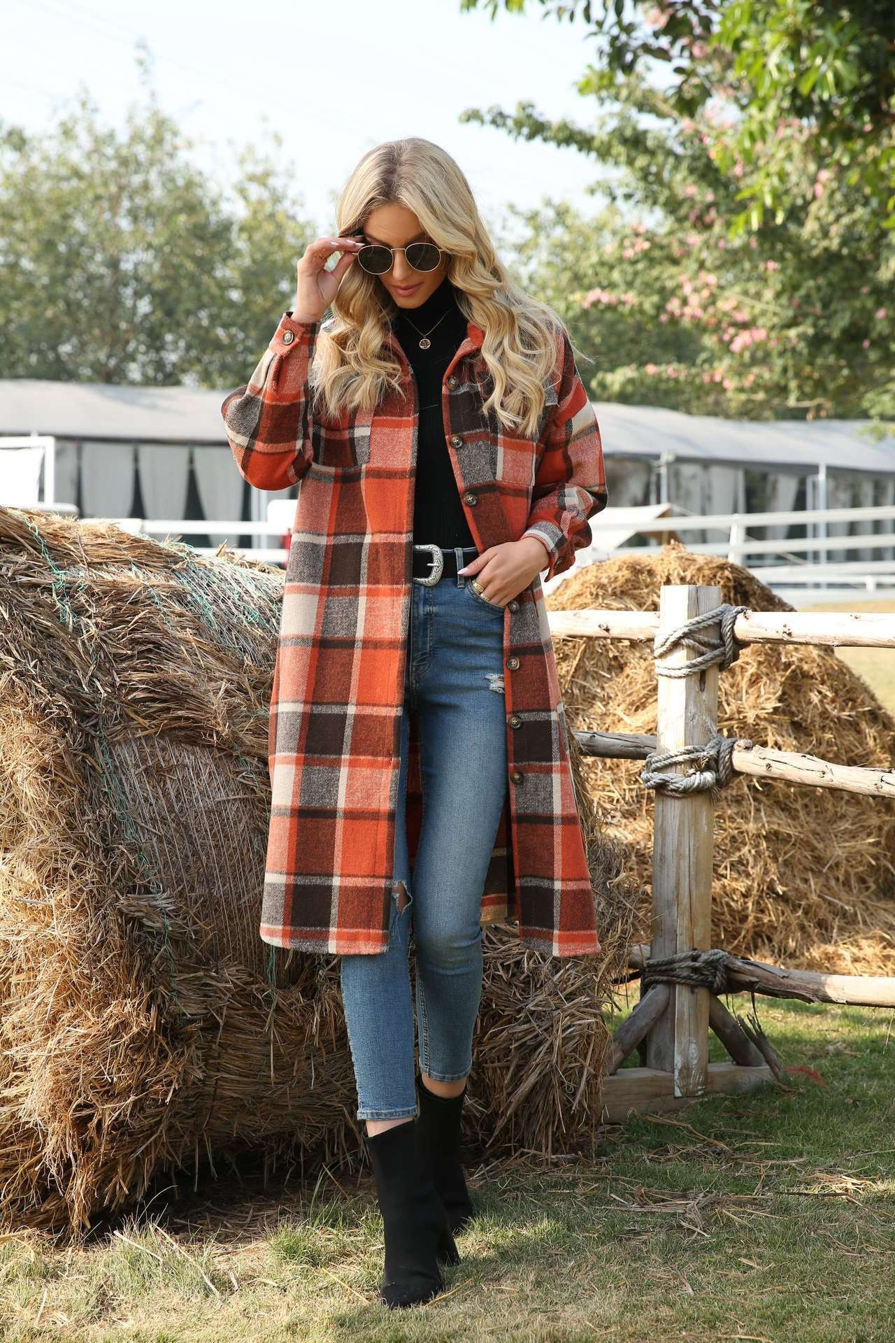 Ladies' Colorblock Plaid Print Button Front Drop Shoulder Coat