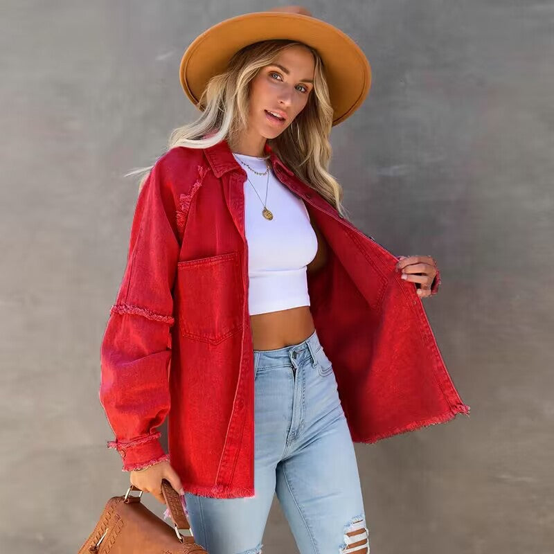 Raw-edge patchwork pocket denim shirt